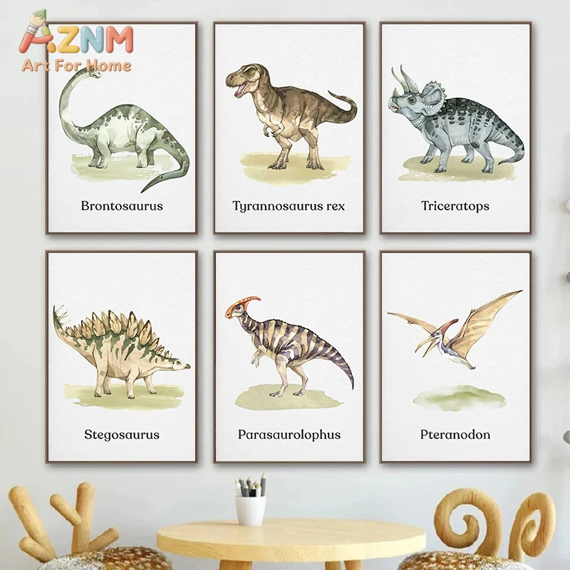 Kids Education Name - AZNM Aquarell-Dinosaurier-Leinwandbild, Wandkunst für Kinderzimmer, pädagogischer